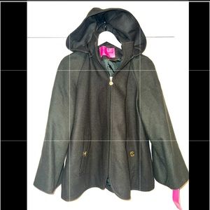 Betsey Johnson Women’s L Wool Cape Coat Hood Layer Fall Flowy Zip High Neck Gold